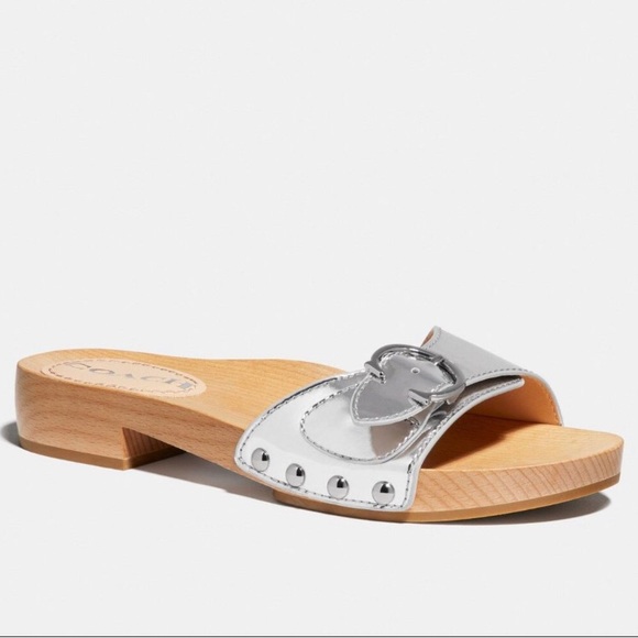 COACH BLEEKER SANDAL SILVER LEATHER WOODEN SANDALS NWOB - Picture 3 of 5